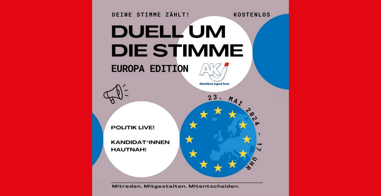 Veranstaltungshinweis 'Duell um die Stimme' Europa Edition. Politik live! Kandidat*innen hautnah kennenlernen! Kostenloses Angebot. Mitreden. Mitgestalten. Mitentscheiden.
